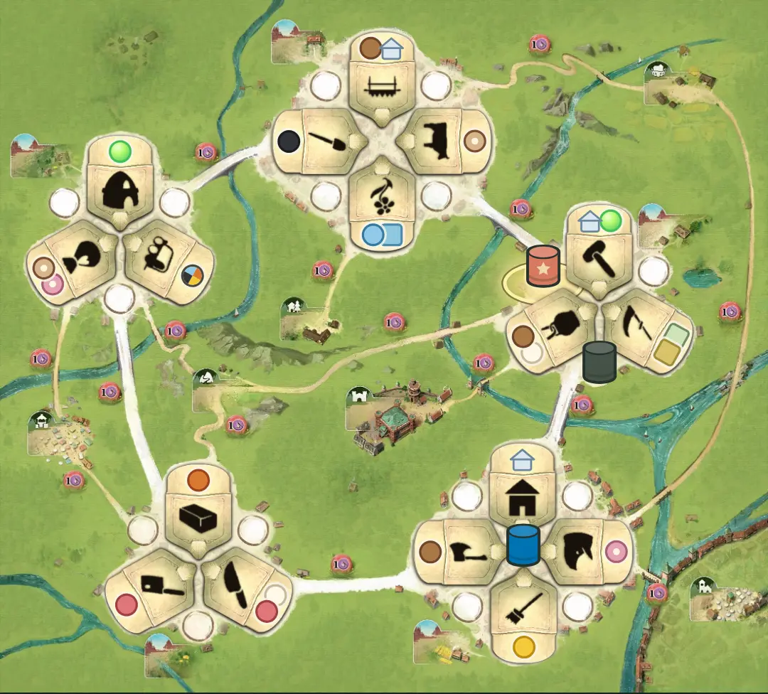 Black Forest map with five villages, tradespeople and player pawns